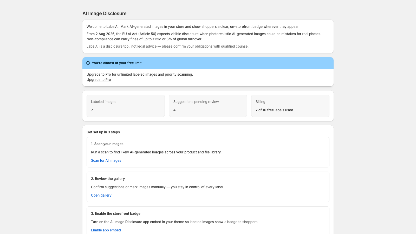 LabelAI Dashboard mit EU-AI-Act-Hinweis, Stats und Setup-Schritten