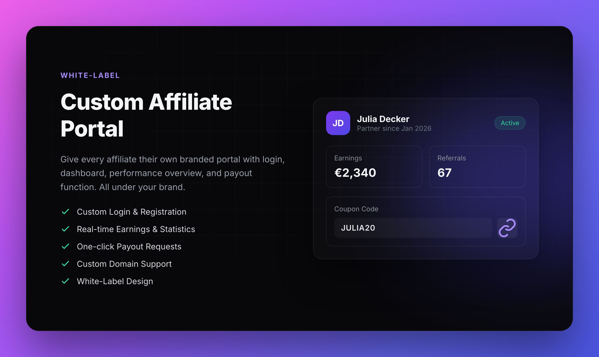 BEKLINK White-Label Affiliate-Portal mit Coupon-Code und Earnings