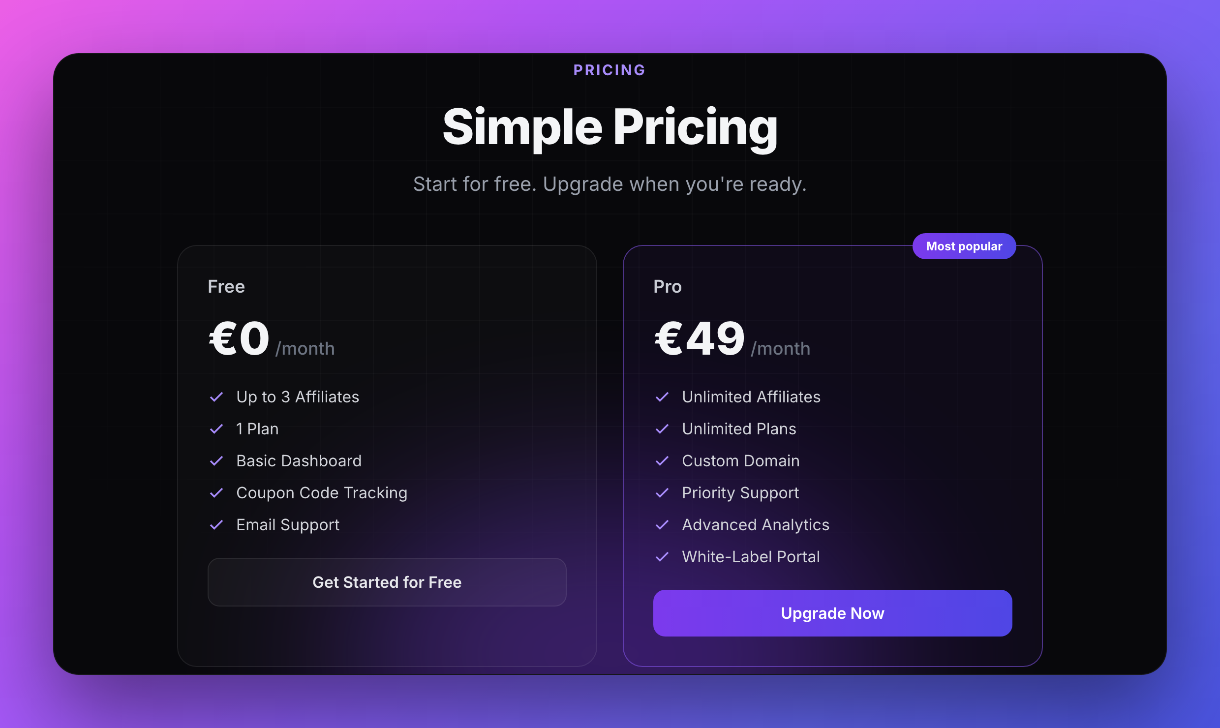 BEKLINK Preise – Free und Pro Plan für Affiliate-Programme