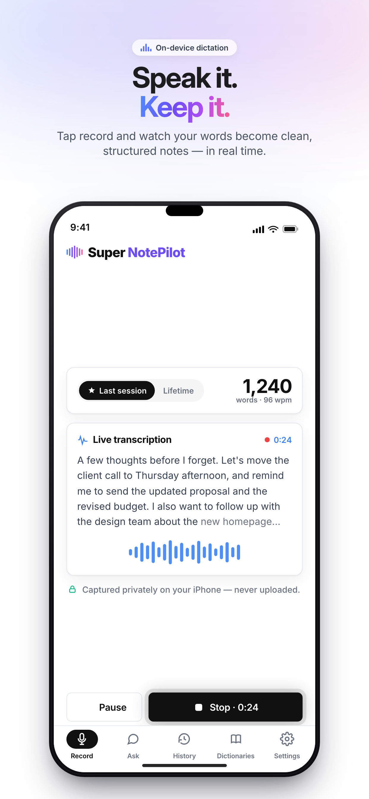 Super NotePilot iOS App mit Sprachaufnahme