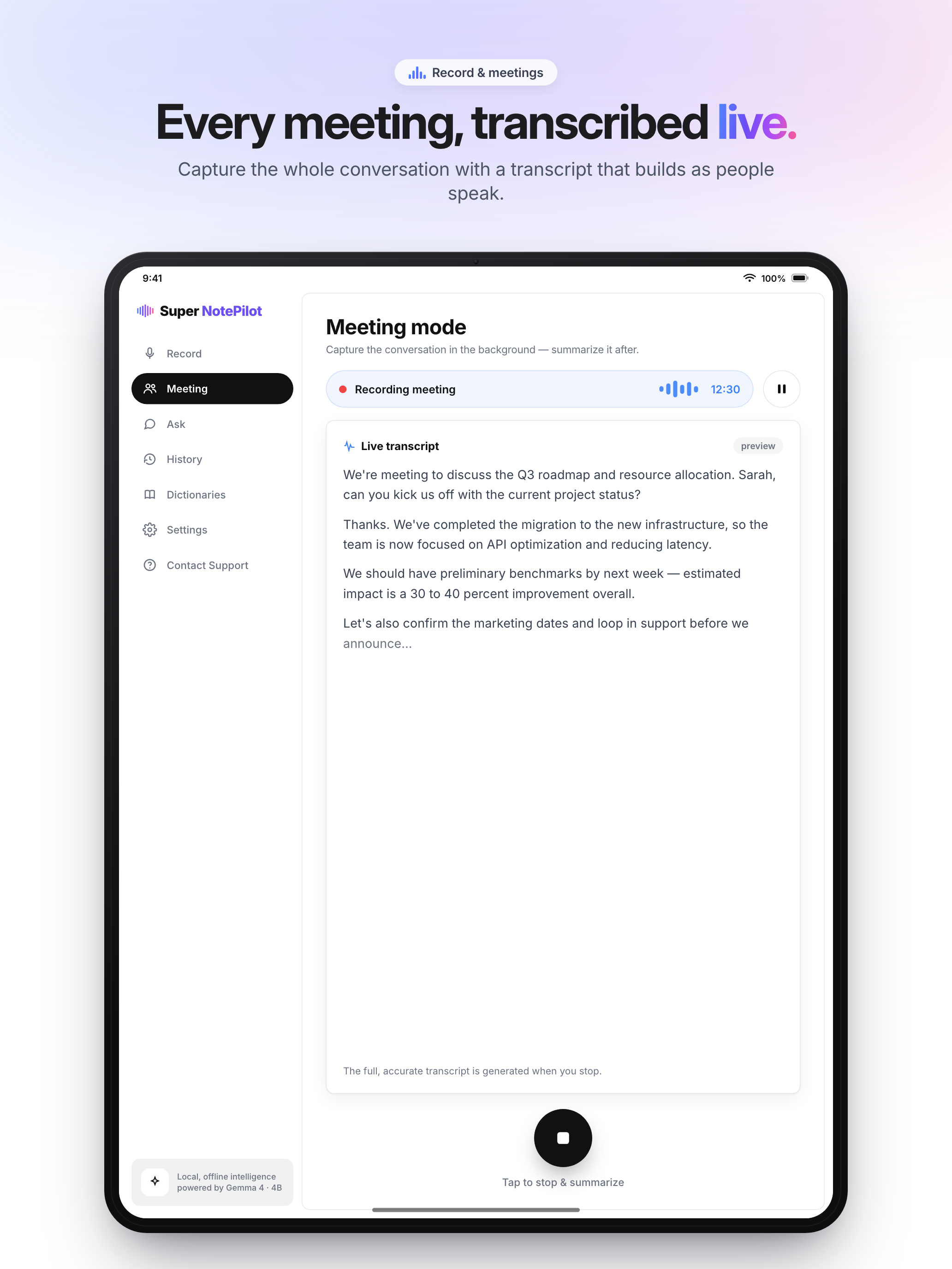 Super NotePilot auf dem iPad mit Meeting-Transkript