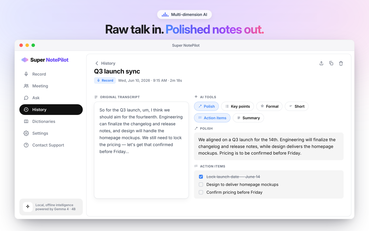 Super NotePilot KI-Rewrite mit Polish, Key Points und Action Items