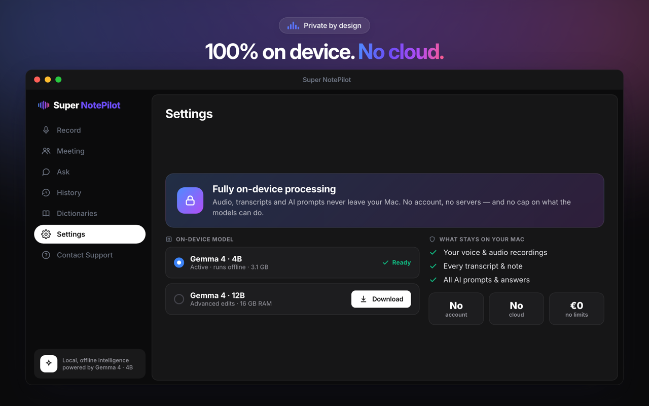Super NotePilot Privacy by Design - 100 % lokale Verarbeitung ohne Cloud