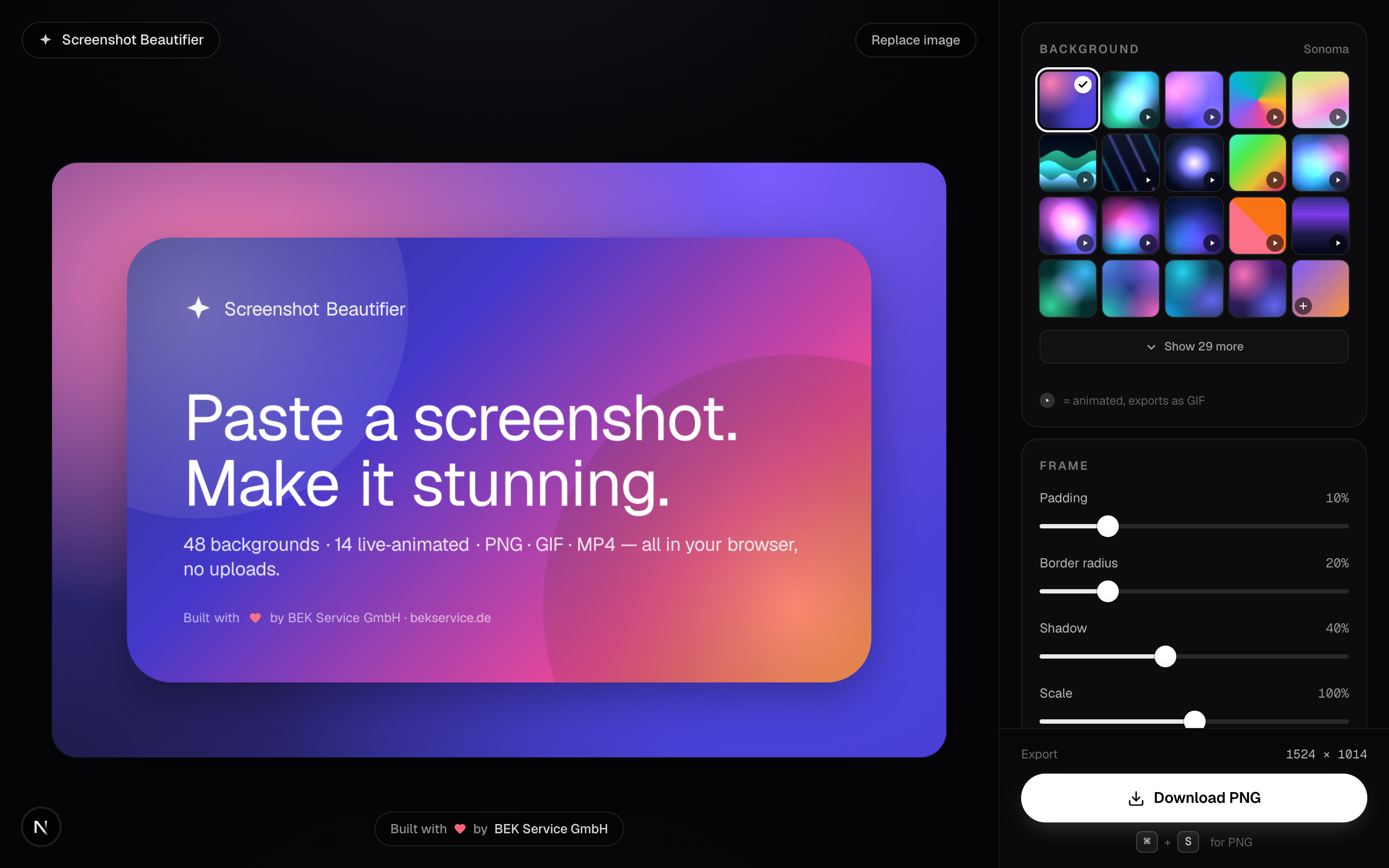 Screenshot Beautifier macOS App mit Screenshot-Preview und Hintergrundauswahl