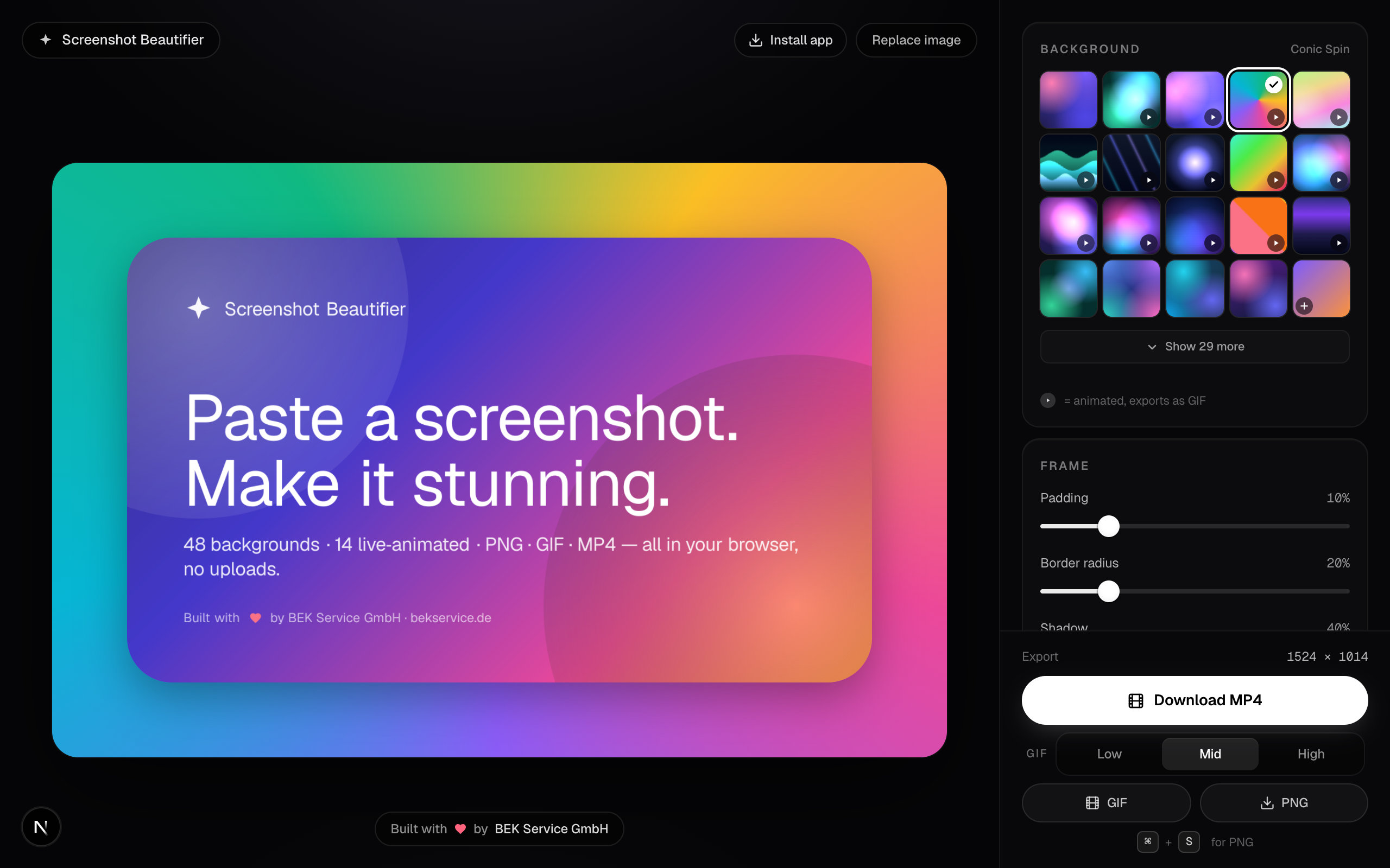 Screenshot Beautifier Hintergrund-Galerie mit statischen und animierten Presets