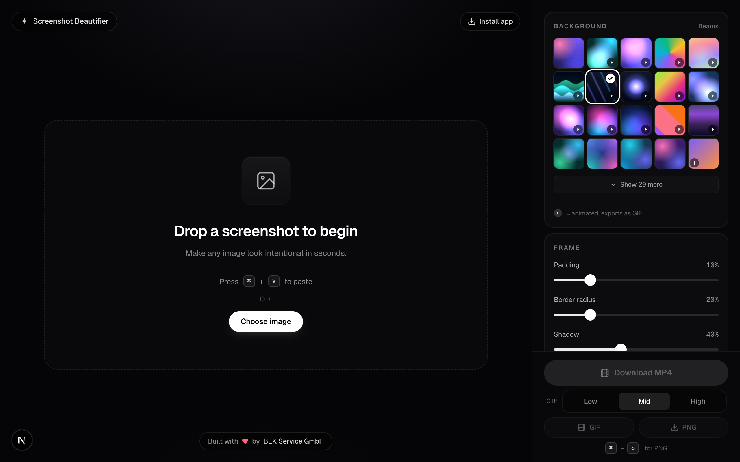 Screenshot Beautifier leerer Startzustand mit Upload- und Paste-Flows